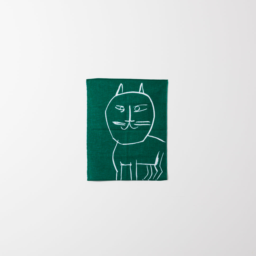 Tenugui Hand Towel (Cat, Green) White × Green