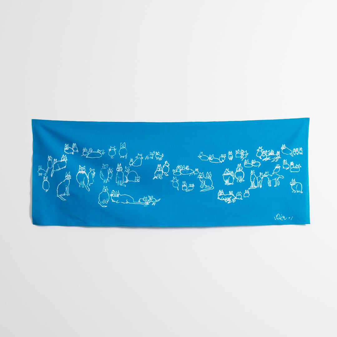 Tenugui Hand Towel (Cat Row) Blue × White