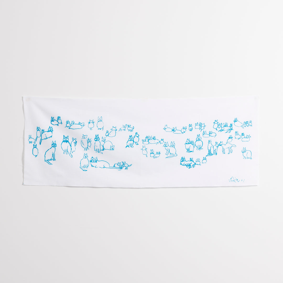 Tenugui Hand Towel (Cat Row) White × Blue