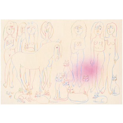 Postcard 4-color nude woman, horse, cat
