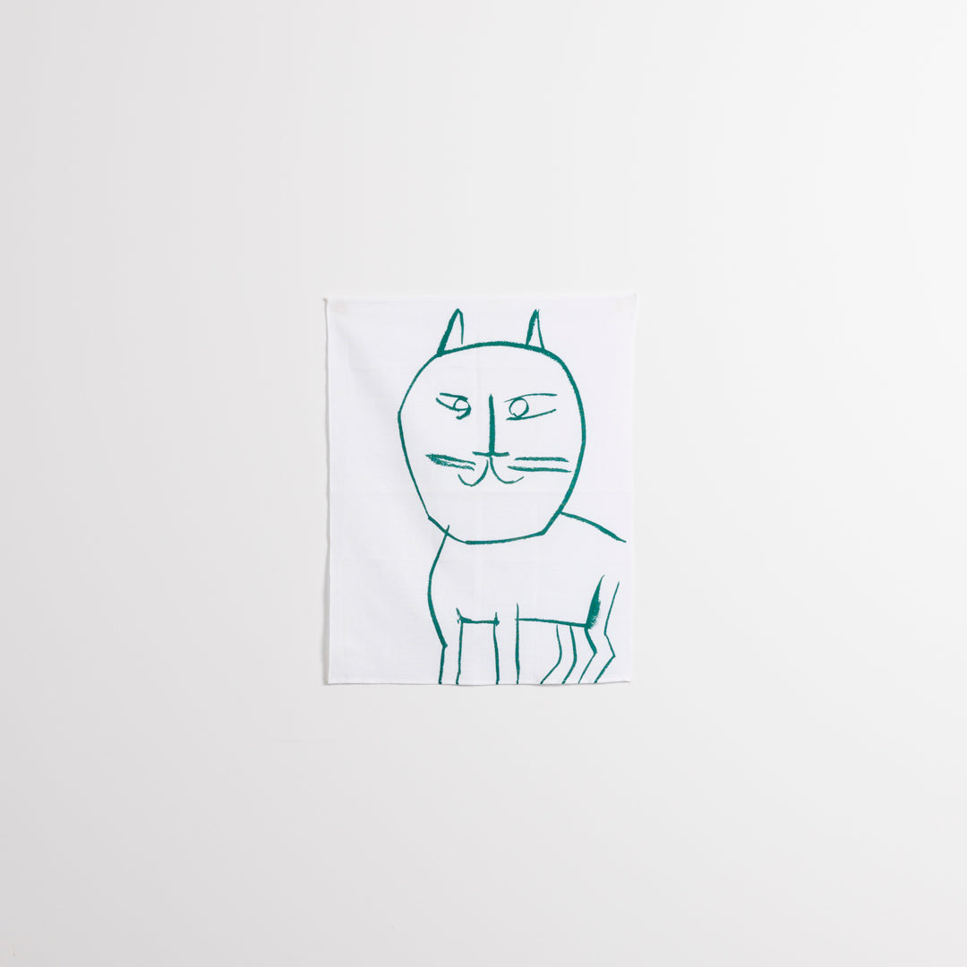 Tenugui Hand Towel (Cat, Green) White × Green