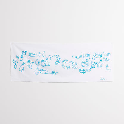Tenugui Hand Towel (Cat Row) White × Blue