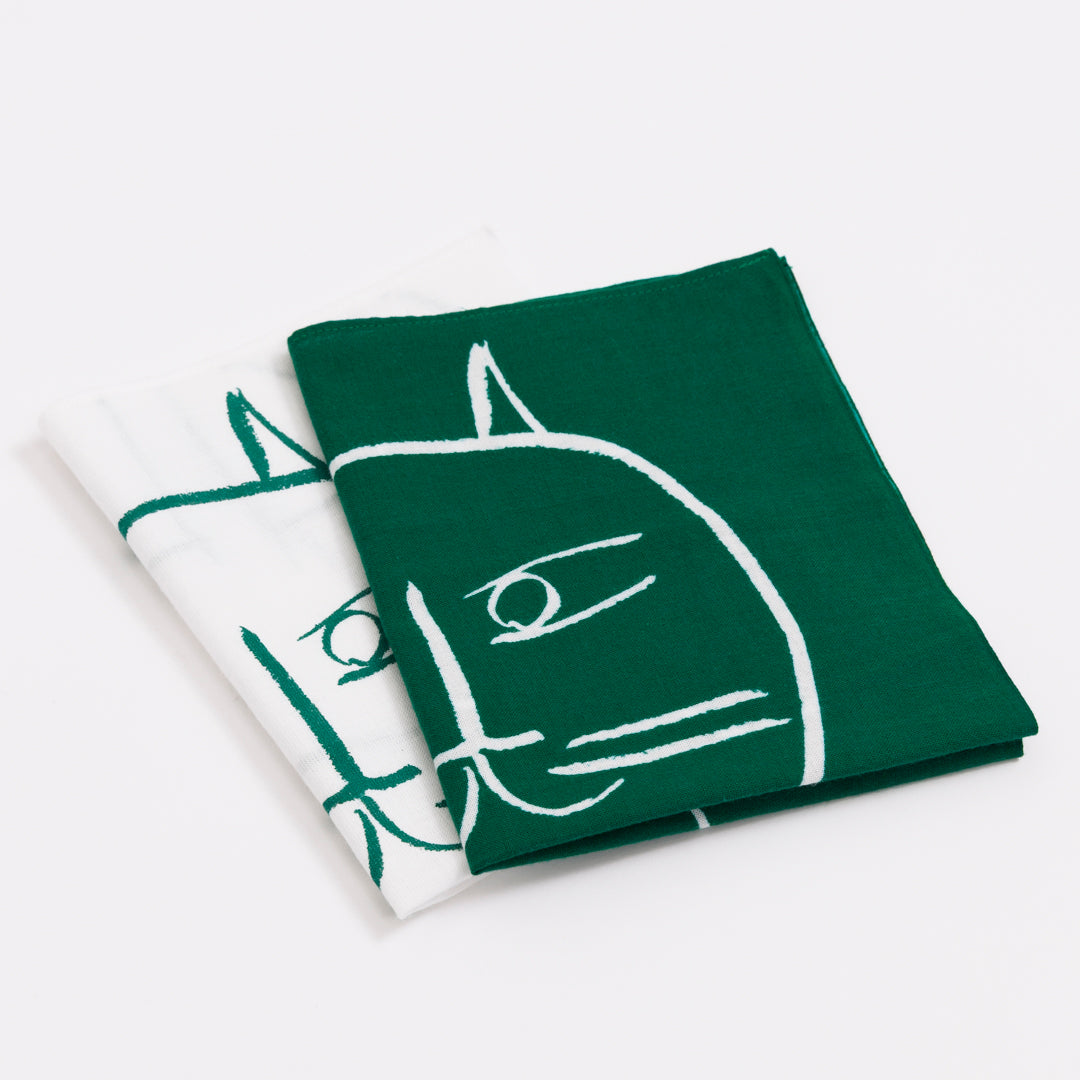 Tenugui Hand Towel (Cat, Green) White × Green